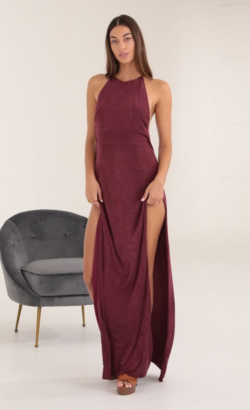 Picture Luna Long Drape Back Dress in Burgundy. Source: https://media.lucyinthesky.com/data/Oct21_1/500xAUTO/1V9A2306.JPG