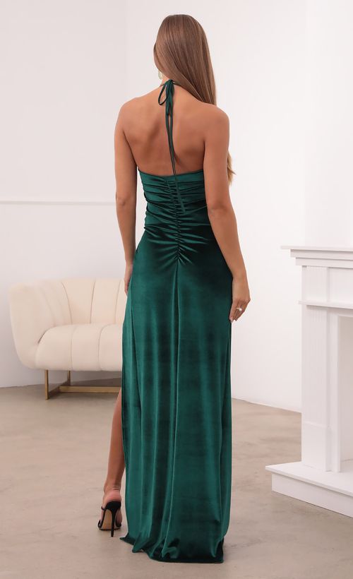 Picture Zion Ruched Maxi Dress in Green Velvet. Source: https://media.lucyinthesky.com/data/Oct21_1/500xAUTO/1V9A8102.JPG