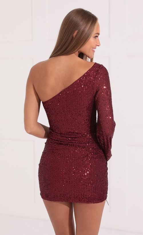 Picture Cindy Lou One Shoulder Sequin Dress in Burgundy. Source: https://media.lucyinthesky.com/data/Oct21_1/500xAUTO/1V9A8703.JPG