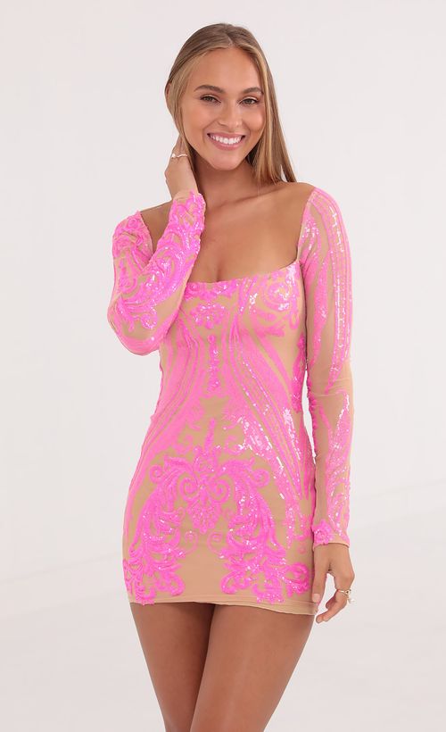 Picture Giulia Iridescent Sequin Mesh Dress in Pink. Source: https://media.lucyinthesky.com/data/Oct21_1/500xAUTO/1V9A8994.JPG