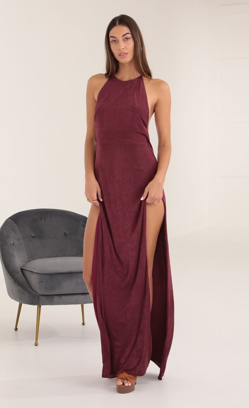 Picture Luna Long Drape Back Dress in Burgundy. Source: https://media.lucyinthesky.com/data/Oct21_1/800xAUTO/1V9A2306.JPG