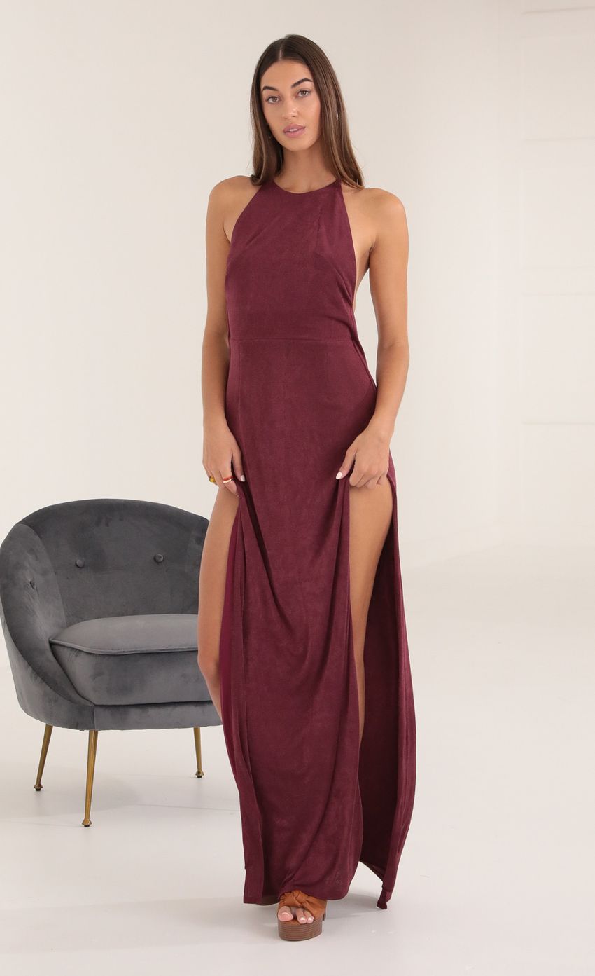Picture Luna Long Drape Back Dress in Burgundy. Source: https://media.lucyinthesky.com/data/Oct21_1/850xAUTO/1V9A2306.JPG