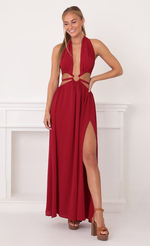 Picture Malia Cutout Maxi Dress in Red. Source: https://media.lucyinthesky.com/data/Oct21_2/500xAUTO/1V9A2650.JPG