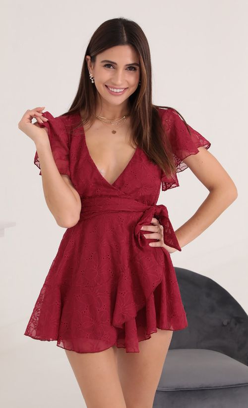 Picture Eliza Wrap Dress in Burgundy. Source: https://media.lucyinthesky.com/data/Oct21_2/500xAUTO/1V9A2940.JPG