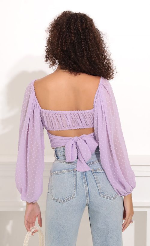 Picture Sadie Top in Lavender Polka Dot. Source: https://media.lucyinthesky.com/data/Oct21_2/500xAUTO/1V9A7779.JPG