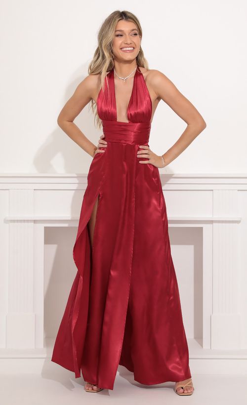 Picture Waverly Maxi Satin Dress in Burgundy. Source: https://media.lucyinthesky.com/data/Oct21_2/500xAUTO/2V9A0238.JPG