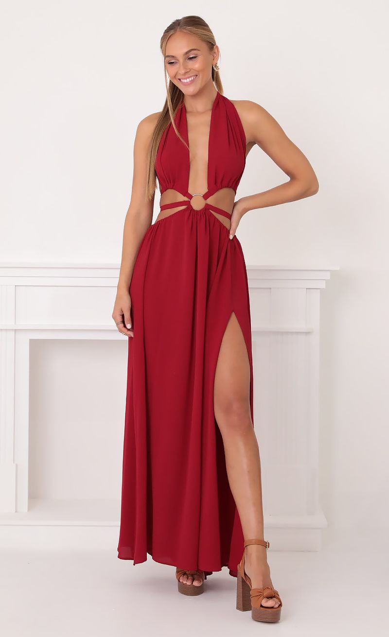 Picture Malia Cutout Maxi Dress in Red. Source: https://media.lucyinthesky.com/data/Oct21_2/800xAUTO/1V9A2650.JPG