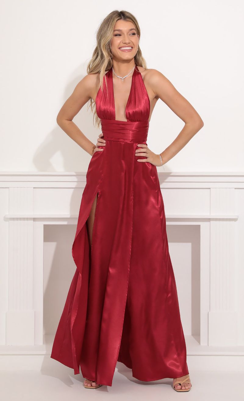 Picture Waverly Maxi Satin Dress in Burgundy. Source: https://media.lucyinthesky.com/data/Oct21_2/800xAUTO/2V9A0238.JPG