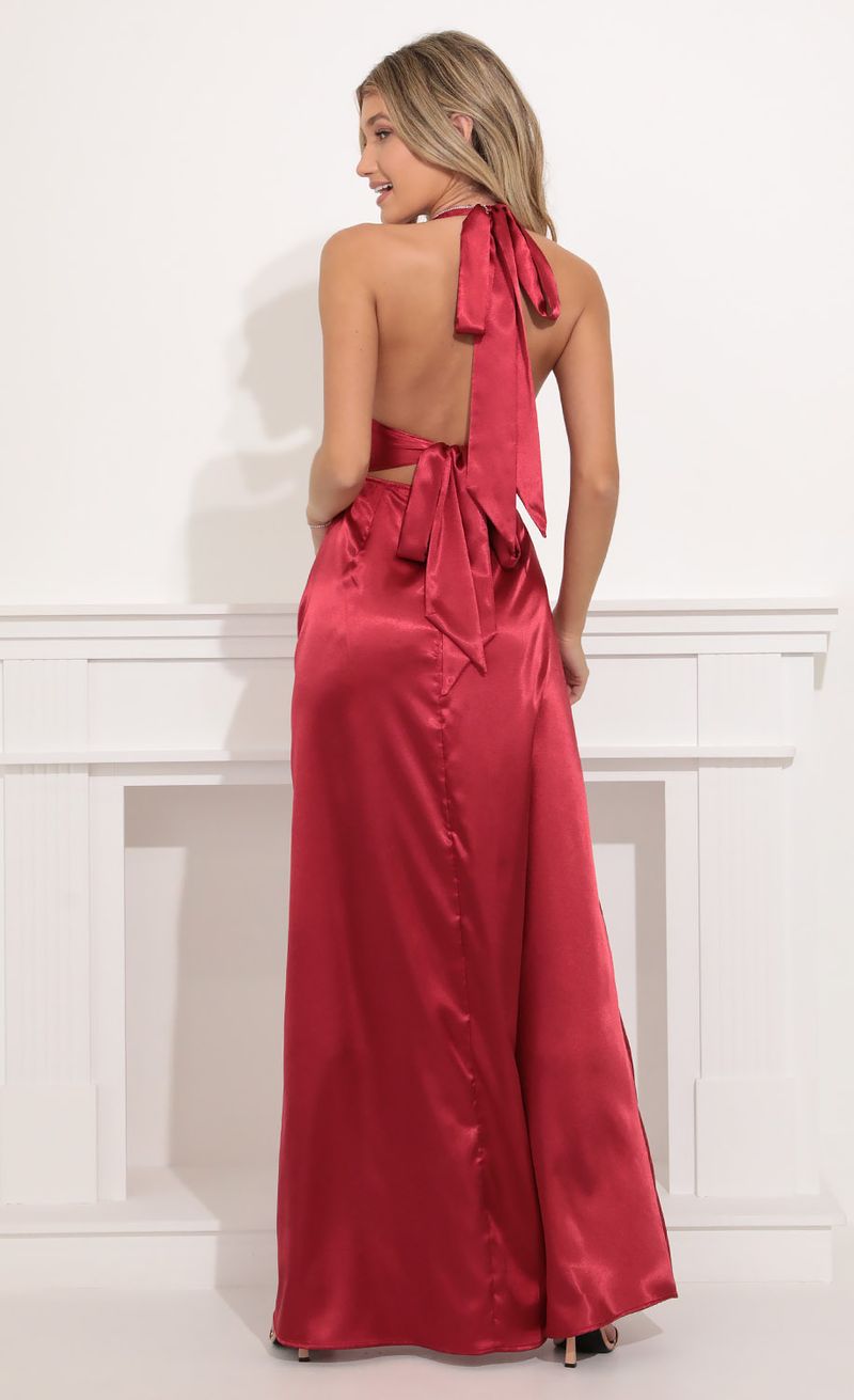 Picture Waverly Maxi Satin Dress in Burgundy. Source: https://media.lucyinthesky.com/data/Oct21_2/800xAUTO/2V9A0333.JPG