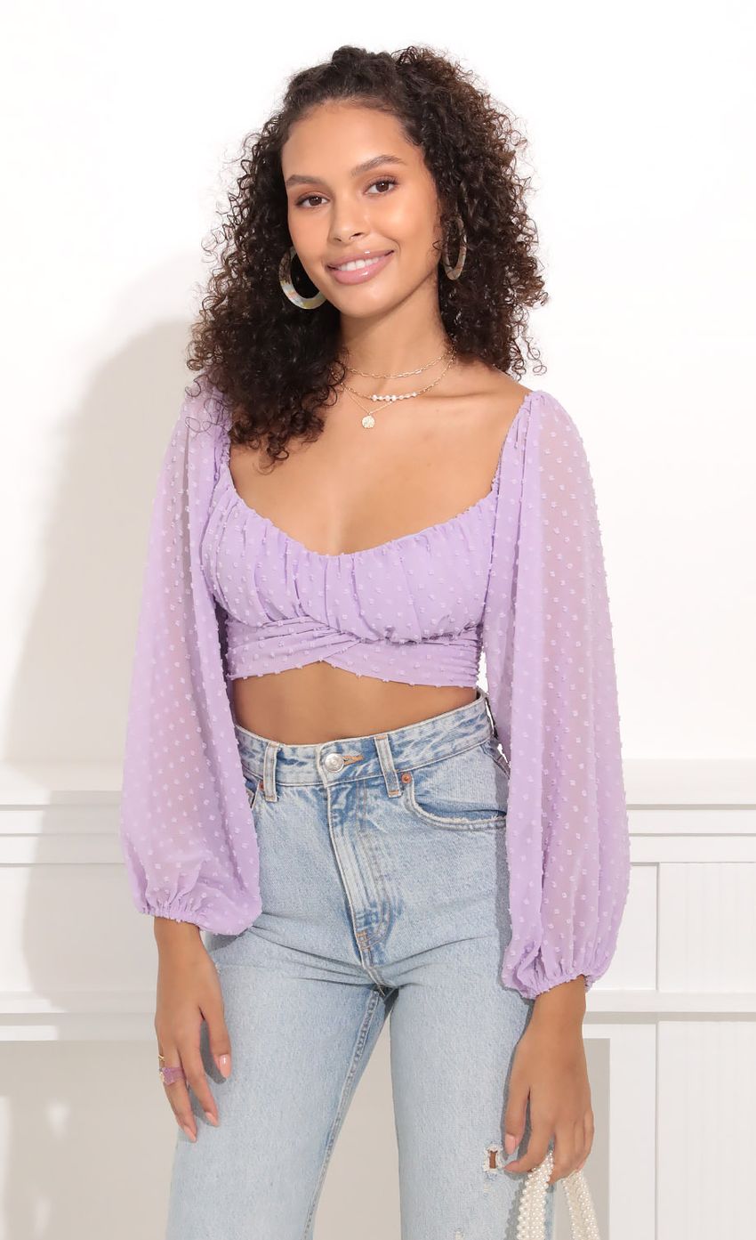 Picture Sadie Top in Lavender Polka Dot. Source: https://media.lucyinthesky.com/data/Oct21_2/850xAUTO/1V9A7689.JPG