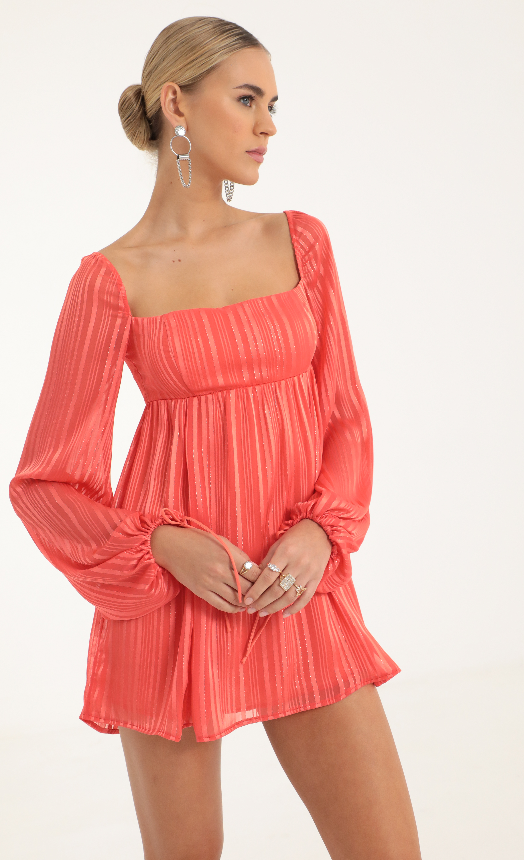 Shayla Striped Long Sleeve Baby Doll Dress in Coral