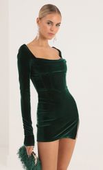 Picture Kaya Velvet Long Sleeve Corset Dress in Green. Source: https://media.lucyinthesky.com/data/Oct22/150xAUTO/0774bf39-4253-4bb7-8f33-f18e339c56c9.jpg