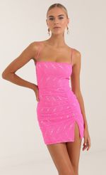 Picture Risa Sequin Mesh Bodycon Dress in Pink. Source: https://media.lucyinthesky.com/data/Oct22/150xAUTO/d0badae9-17ab-4d34-841d-5dac752795ad.jpg