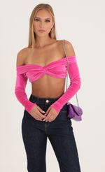 Picture Elva Velvet Off The Shoulder Top in Pink. Source: https://media.lucyinthesky.com/data/Oct22/150xAUTO/d28a11ce-ad36-4e19-b9ef-6dd93c77226b.jpg