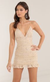 Picture thumb Kasey Ruched Lace Sequin Bodycon Dress in Champagne. Source: https://media.lucyinthesky.com/data/Oct22/170xAUTO/621044b7-ec6e-4df8-af14-d40469d6600a.jpg
