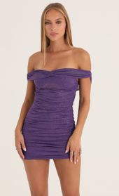 Picture thumb Aza Glitter Mesh Off The Shoulder Dress in Purple. Source: https://media.lucyinthesky.com/data/Oct22/170xAUTO/f5684024-f407-43cb-a632-d50dd04740af.jpg