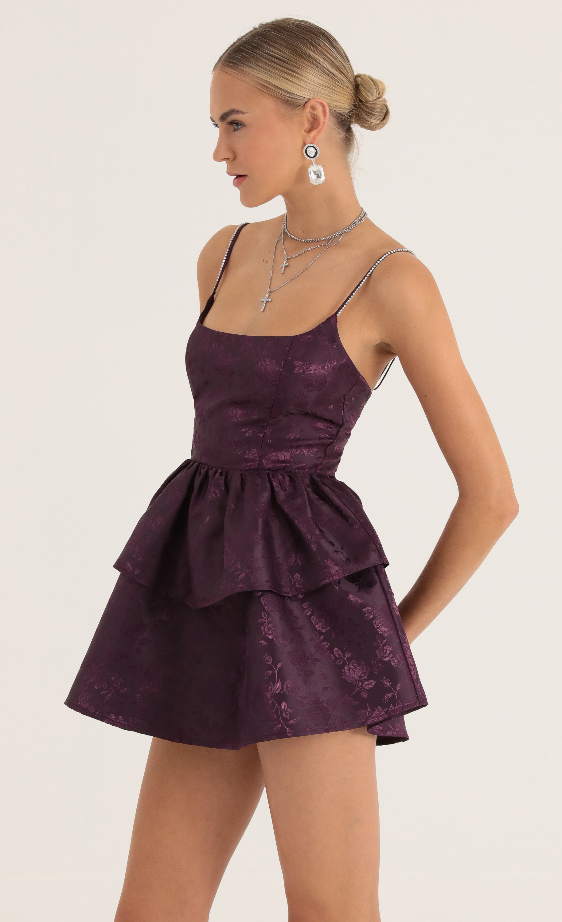 Suzanne Floral Jacquard Ruffle Dress in Purple