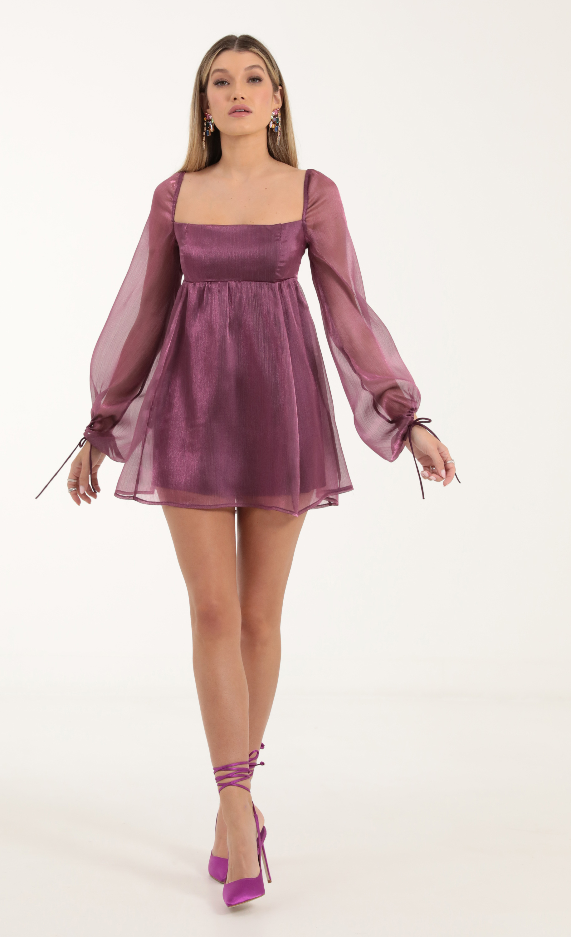 Shayla Crinkle Long Sleeve Baby Doll Dress in Purple