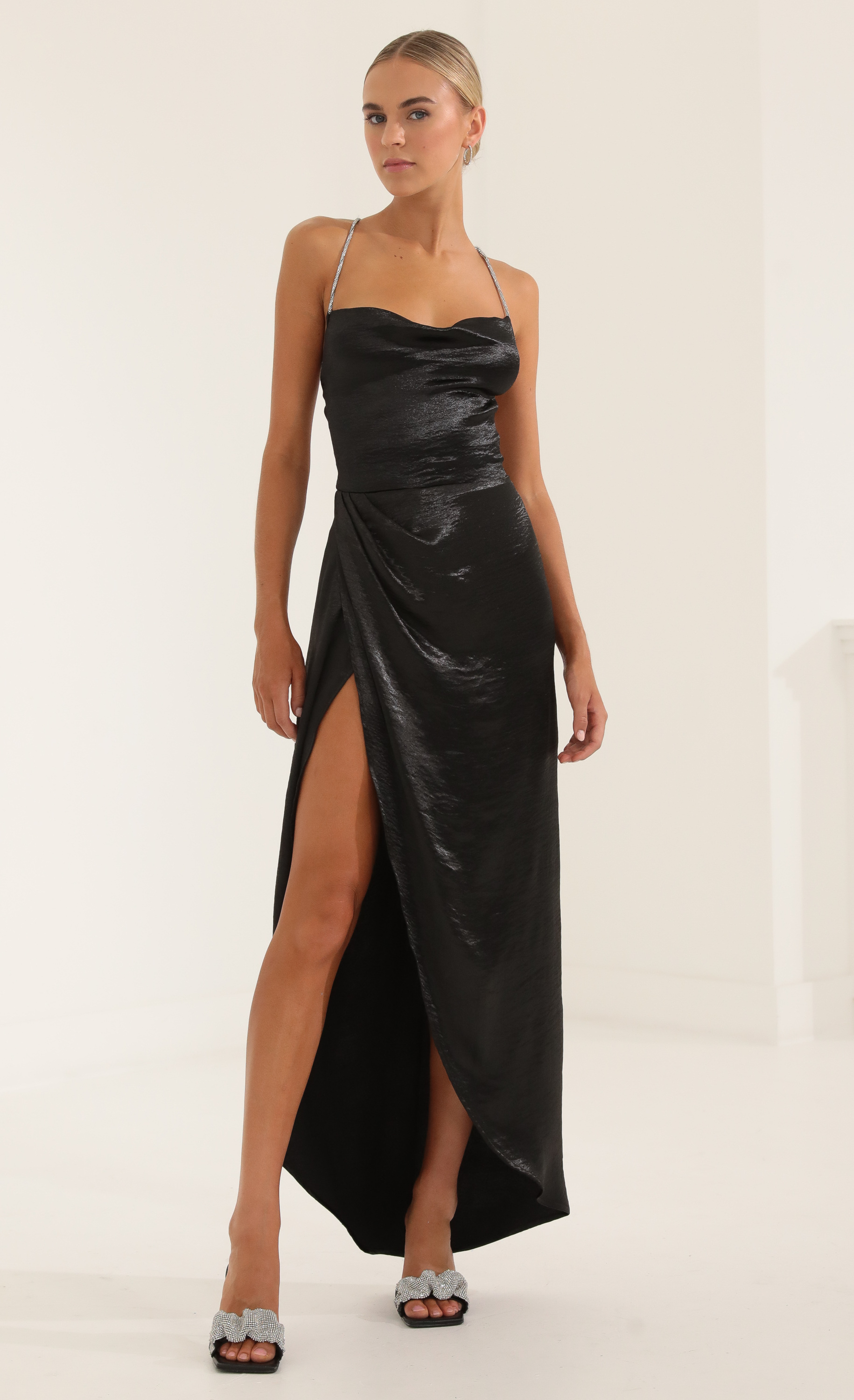 Isa Satin Luxe Rhinestone Strap Maxi Dress in Black