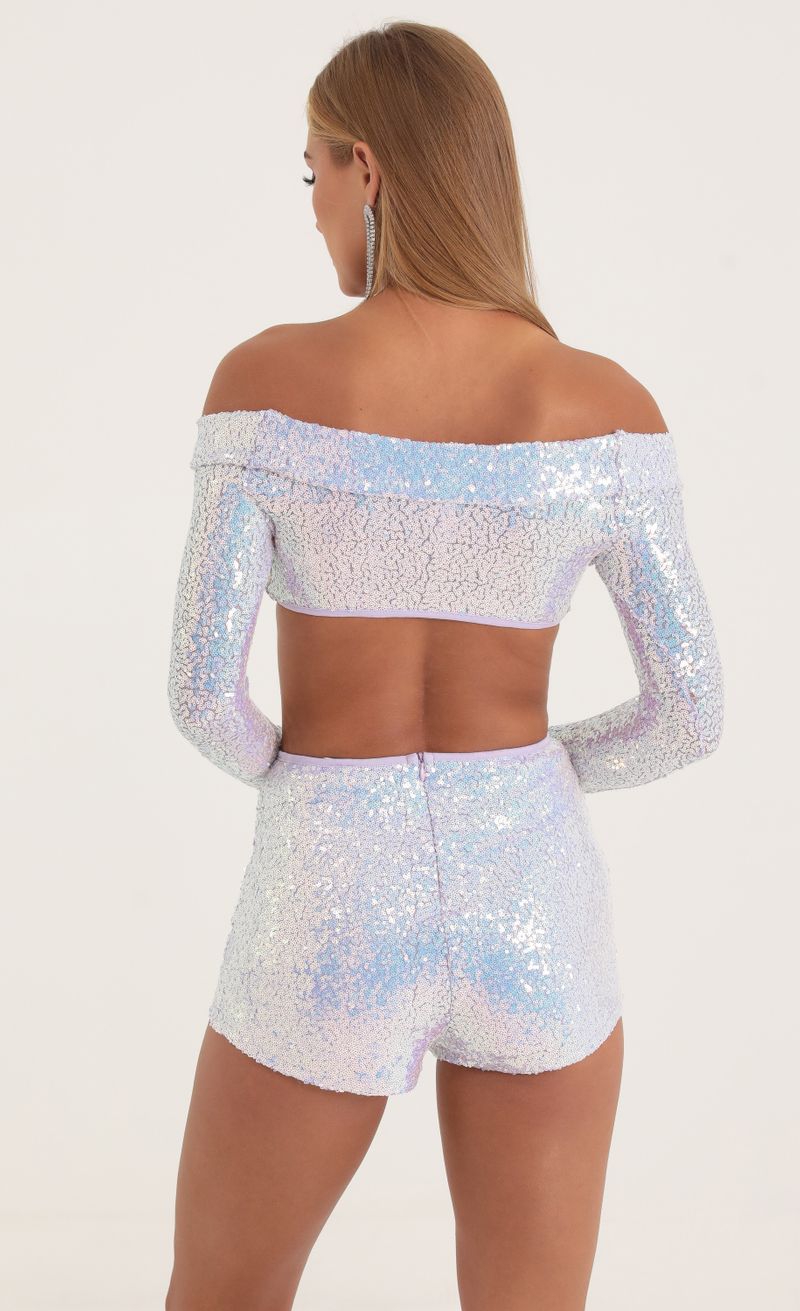 Picture North Iridescent Sequin Two Piece Set in Purple. Source: https://media.lucyinthesky.com/data/Oct22/800xAUTO/03db43be-a850-4e4a-9298-158663555776.jpg