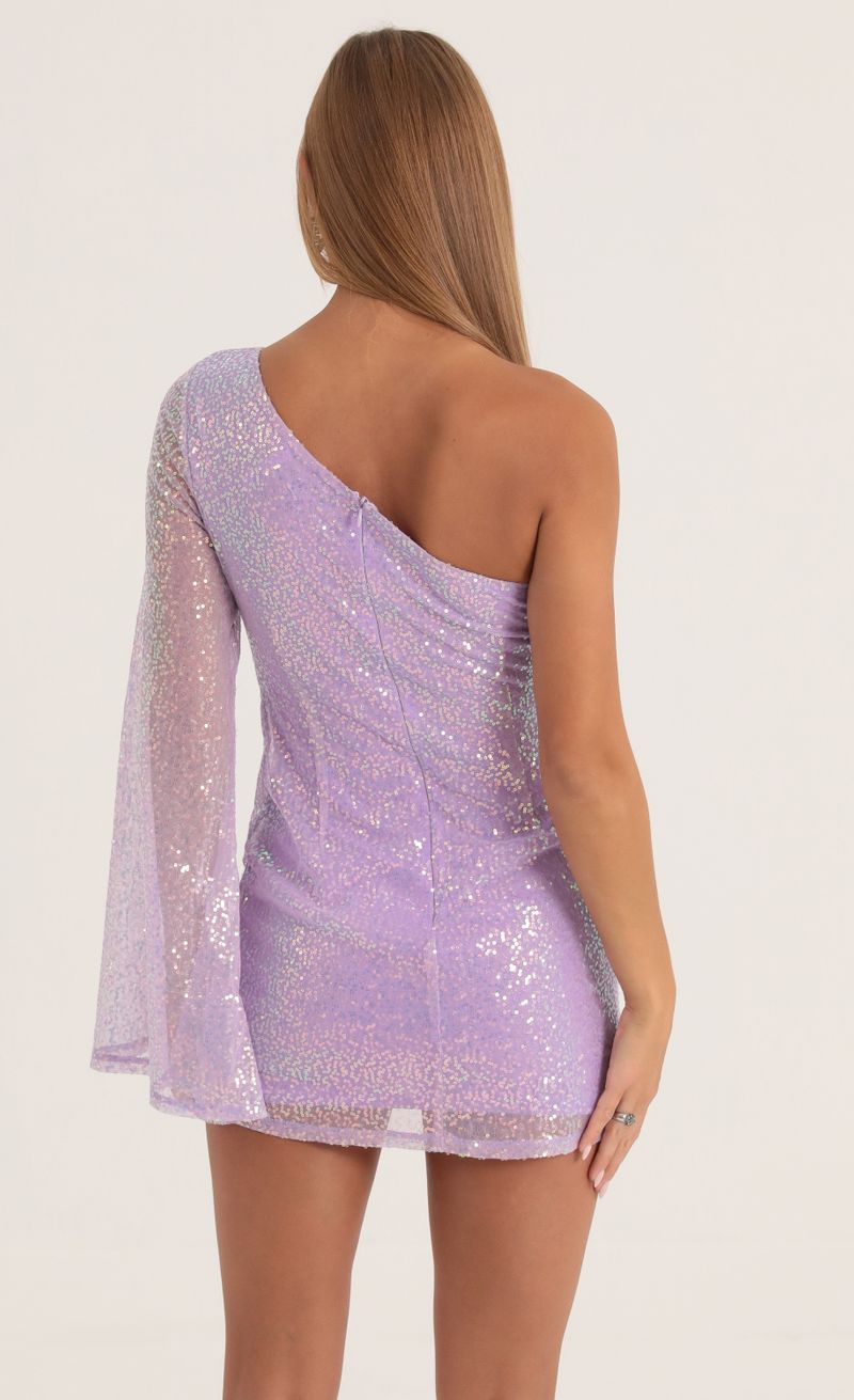 Picture Alisson Sequin Flare Sleeve Dress in Purple. Source: https://media.lucyinthesky.com/data/Oct22/800xAUTO/065f14ff-645b-4c87-b332-9781775ea865.jpg
