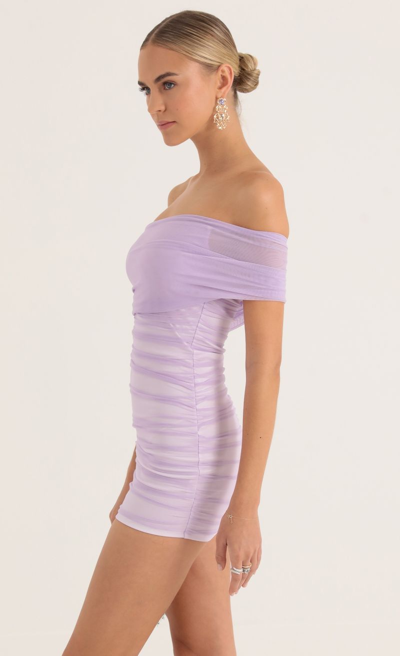 Picture Helina Mesh One Shoulder Dress in Purple. Source: https://media.lucyinthesky.com/data/Oct22/800xAUTO/0676ba3d-3a8d-4d17-a6c8-876634cf476f.jpg