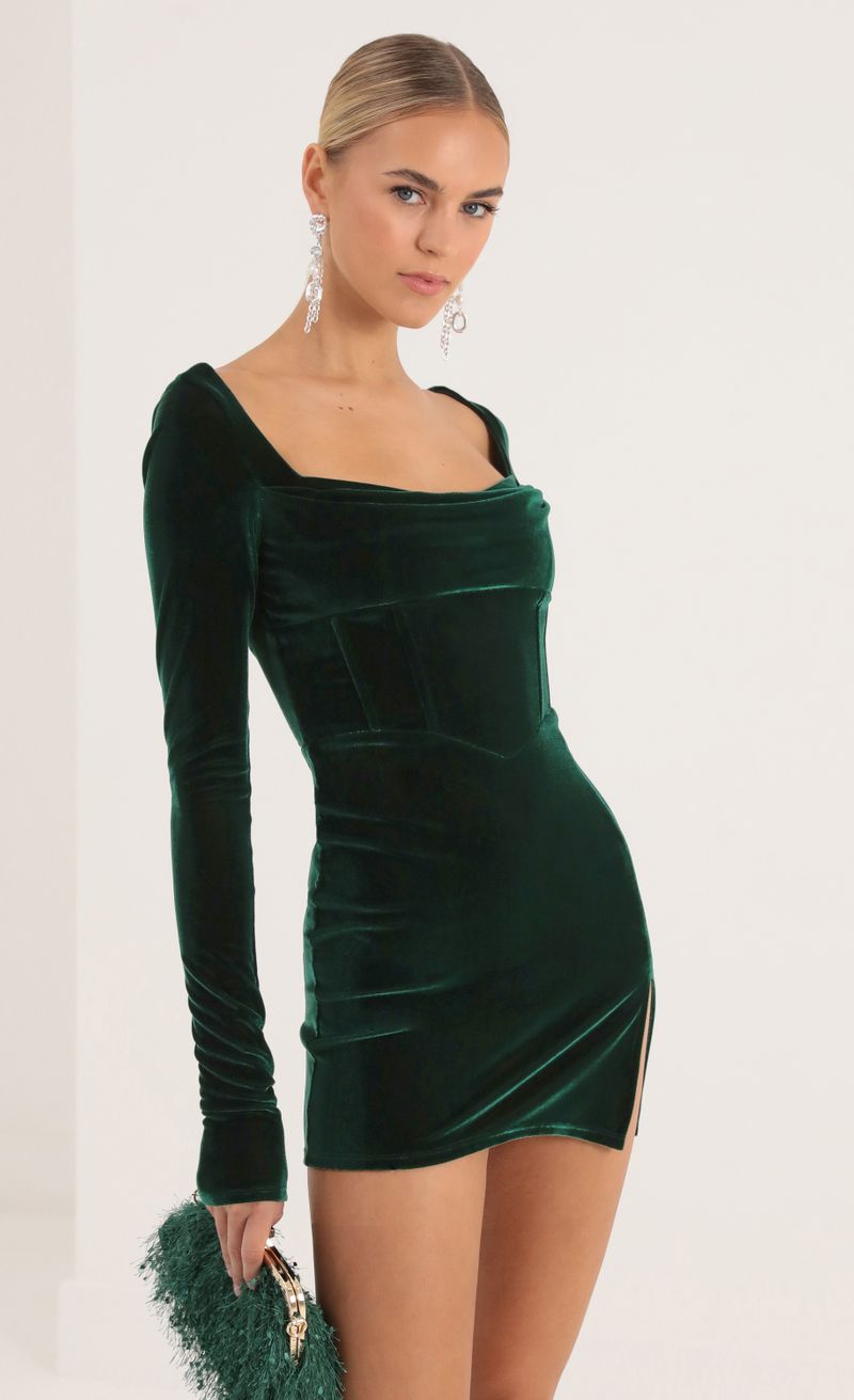 Picture Kaya Velvet Long Sleeve Corset Dress in Green. Source: https://media.lucyinthesky.com/data/Oct22/800xAUTO/0774bf39-4253-4bb7-8f33-f18e339c56c9.jpg
