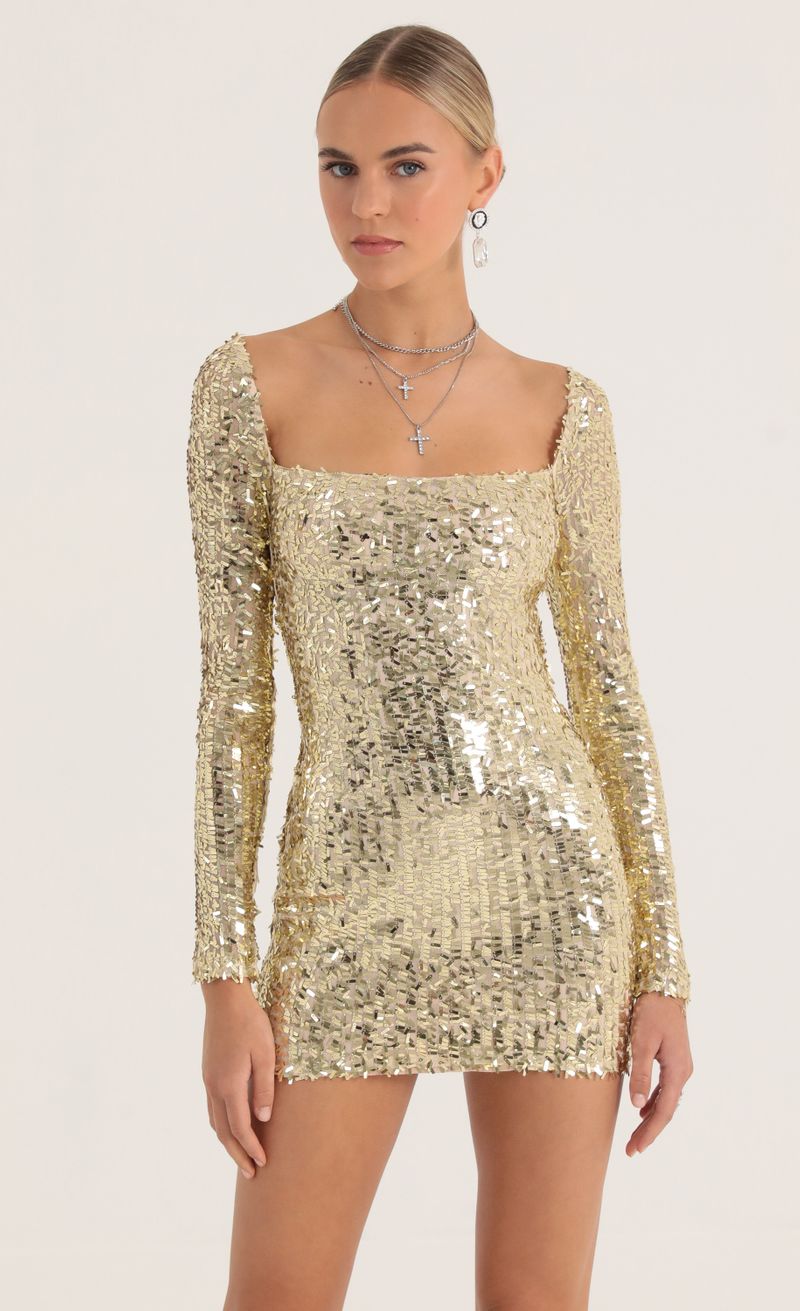 Giulia Sequin Mesh Dress in Gold | Lucy in the Sky