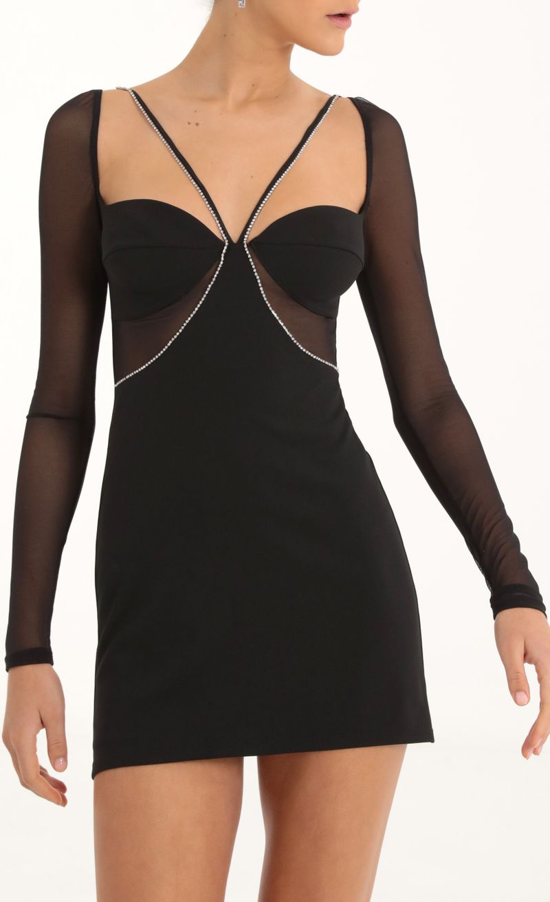 Picture Rania Rhinestone Mesh Cutout Dress in Black. Source: https://media.lucyinthesky.com/data/Oct22/800xAUTO/286e2778-440e-4cfb-8279-4cc955f1316f.jpg