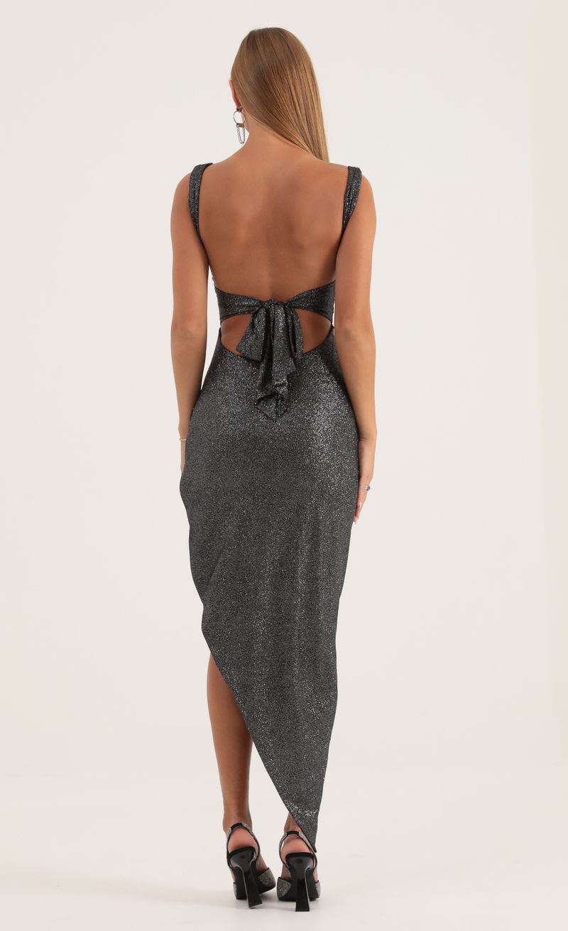 Picture Chicago Silver Glitter Ruched Side Slit Maxi Dress in Black. Source: https://media.lucyinthesky.com/data/Oct22/800xAUTO/2dbe4e78-959f-4f7b-8c1b-8c3e1b3aec48.jpg