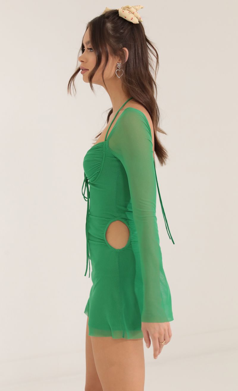 Picture Yuna Mesh Cutout Dress in Green. Source: https://media.lucyinthesky.com/data/Oct22/800xAUTO/36cd0e6d-5758-4077-9b4f-77493fd39f5d.jpg