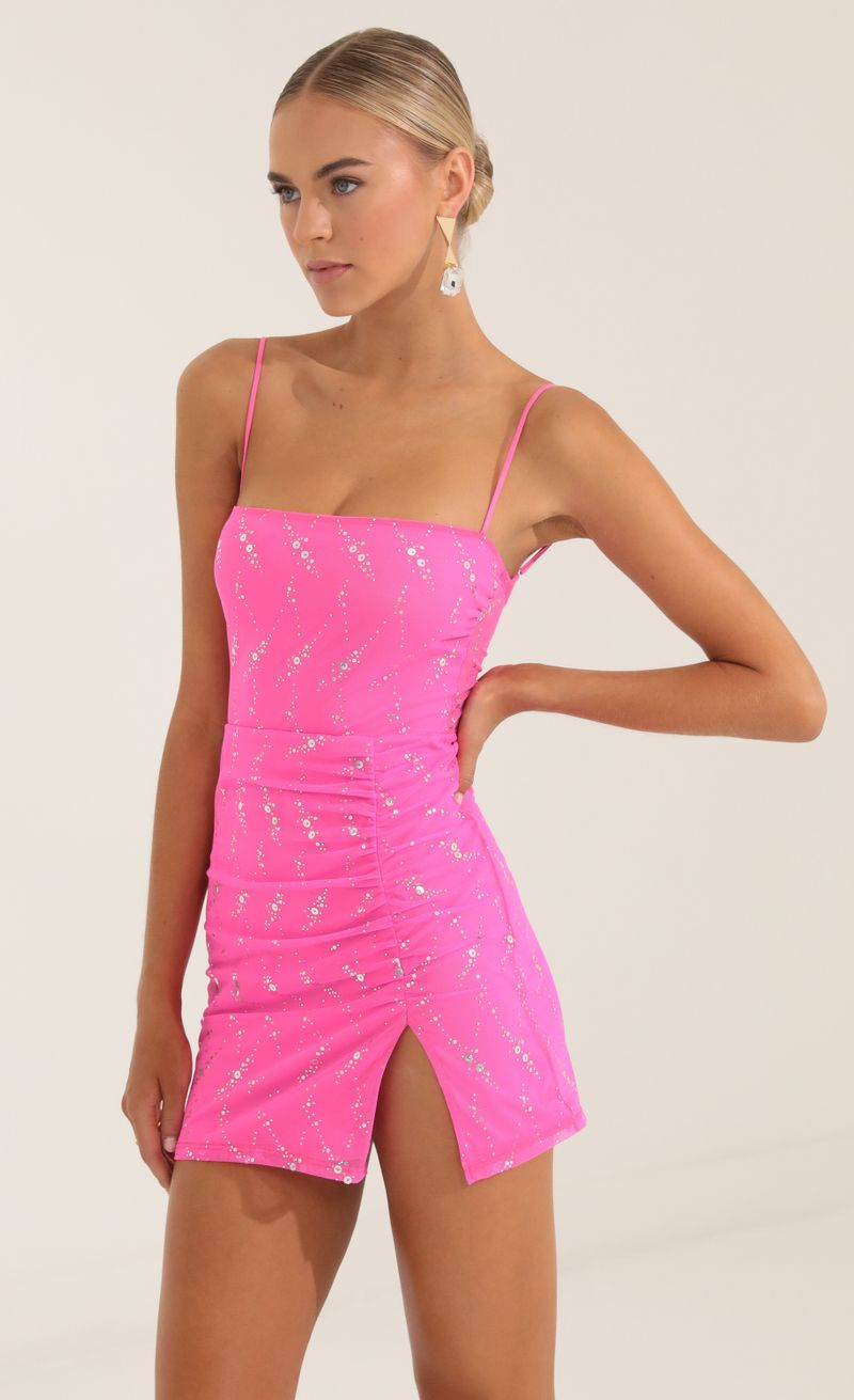 Picture Risa Sequin Mesh Bodycon Dress in Pink. Source: https://media.lucyinthesky.com/data/Oct22/800xAUTO/42369ccd-9ea0-45ec-9481-6efa7bffb041.jpg