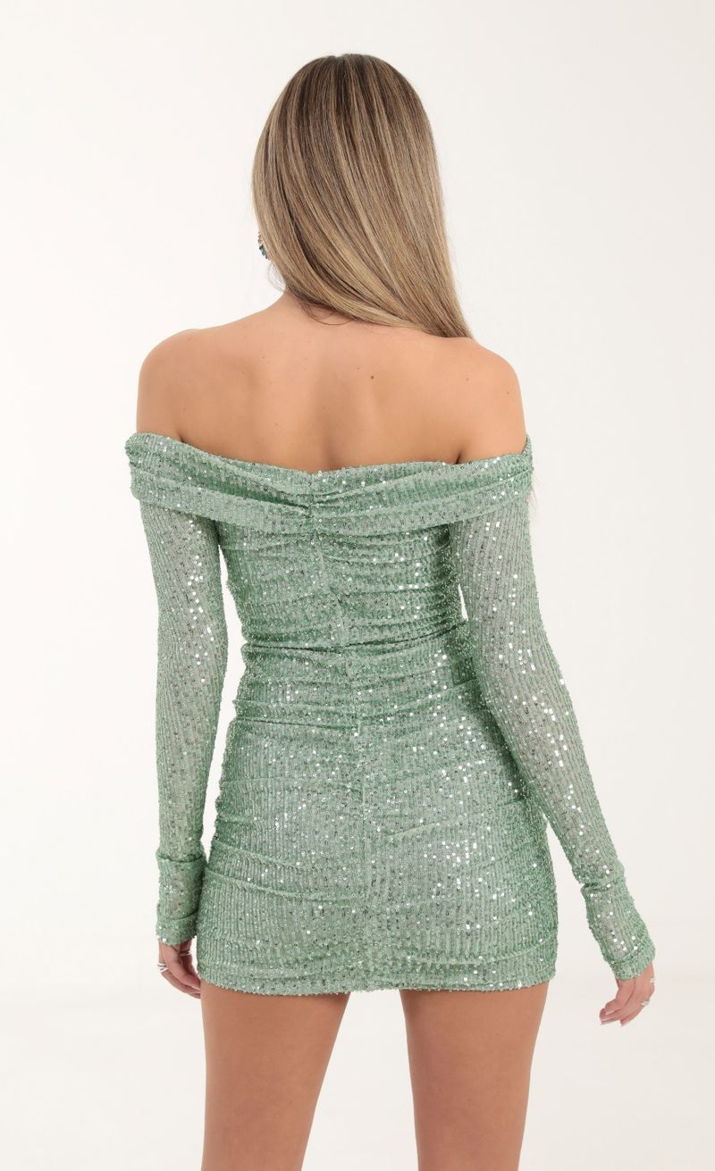 Picture Olinda Sequin Mesh Off The Shoulder Dress in Green. Source: https://media.lucyinthesky.com/data/Oct22/800xAUTO/4738e142-ed30-43e1-afb3-be03eb8f7790.jpg