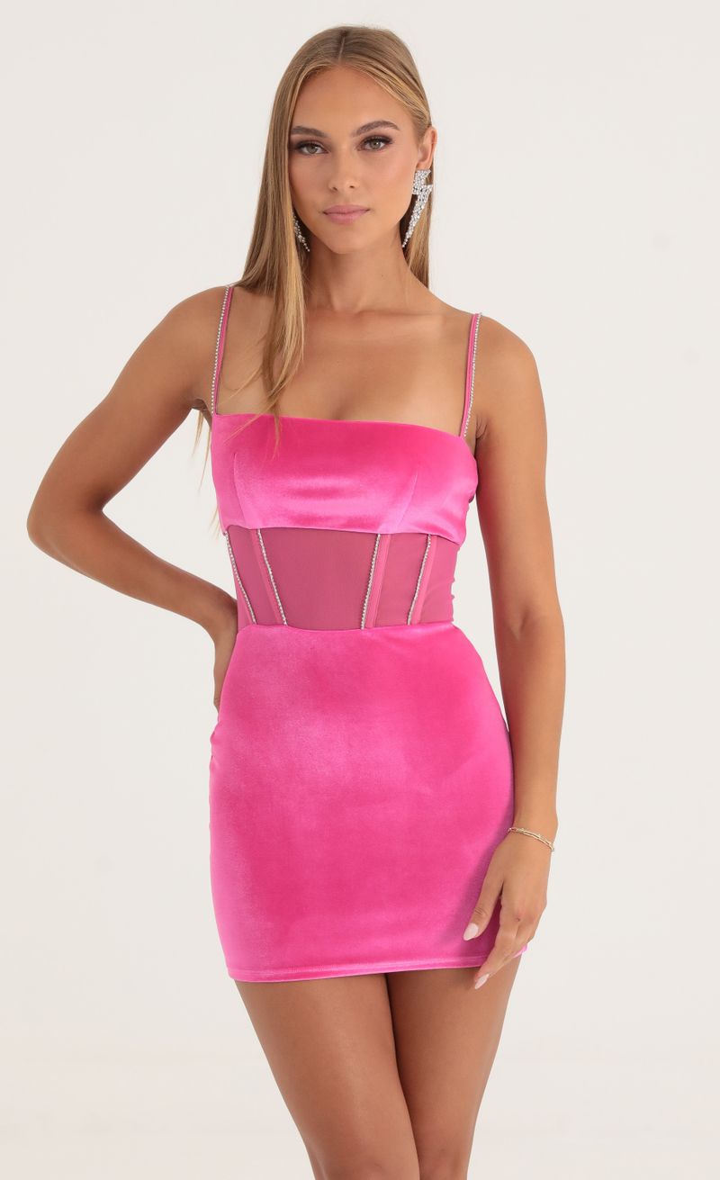 Picture Elen Velvet Rhinestone Corset Dress in Hot Pink. Source: https://media.lucyinthesky.com/data/Oct22/800xAUTO/6d216de5-92ae-439e-995c-28506a0a9a3b.jpg