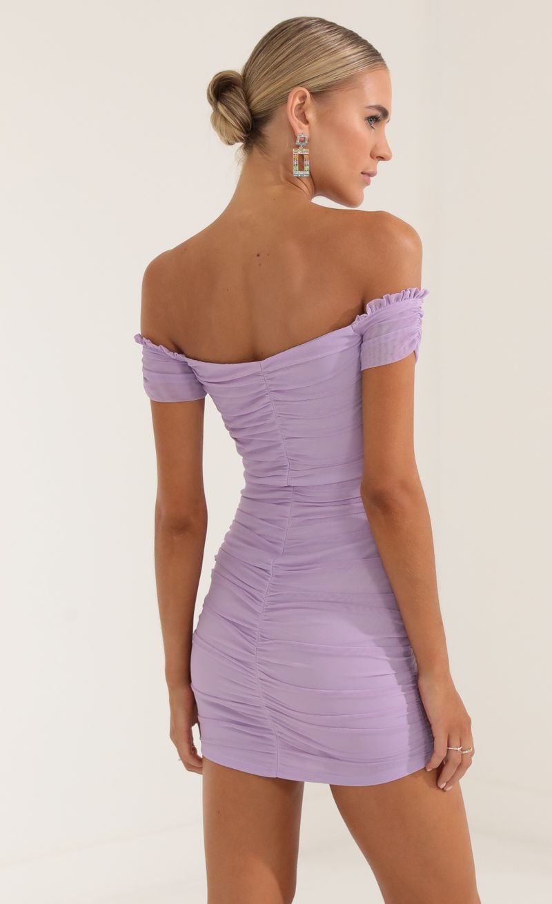 Picture Doris Mesh Off The Shoulder Dress in Purple. Source: https://media.lucyinthesky.com/data/Oct22/800xAUTO/725bfdd0-6d73-4836-8ea4-7262c42f9853.jpg