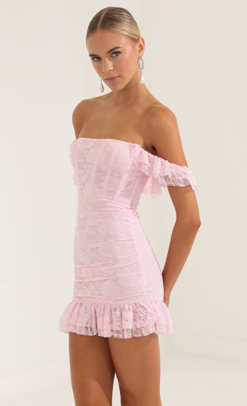 Picture Edlyn Floral Lace Corset Bodycon Dress in Pink. Source: https://media.lucyinthesky.com/data/Oct22/800xAUTO/7b8d404f-a2ee-4470-8cc5-700c59c19c32.jpg