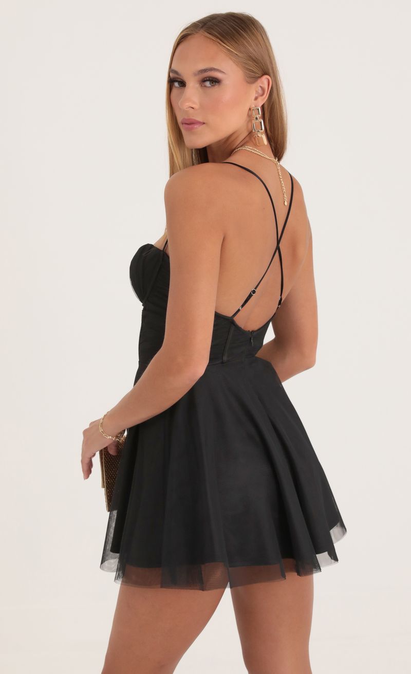 Picture Skyla Mesh Corset Dress in Black. Source: https://media.lucyinthesky.com/data/Oct22/800xAUTO/85957fb9-8556-4254-9079-b43e14d5df93.jpg