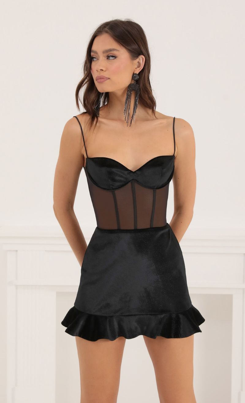Picture Tavisha Velvet Foil and Mesh Corset Dress in Black. Source: https://media.lucyinthesky.com/data/Oct22/800xAUTO/8f5d7747-b954-4972-b16a-f6f092f05ec6.jpg