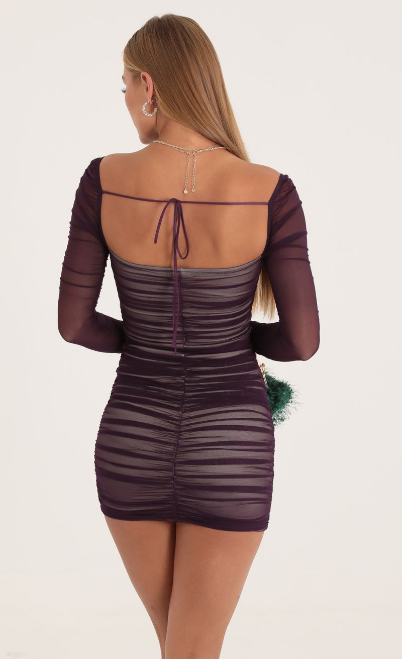 Picture Ryder Mesh Long Sleeve Bodycon Dress in Purple. Source: https://media.lucyinthesky.com/data/Oct22/800xAUTO/90b1b356-3214-4bdd-a624-dd8de903acef.jpg