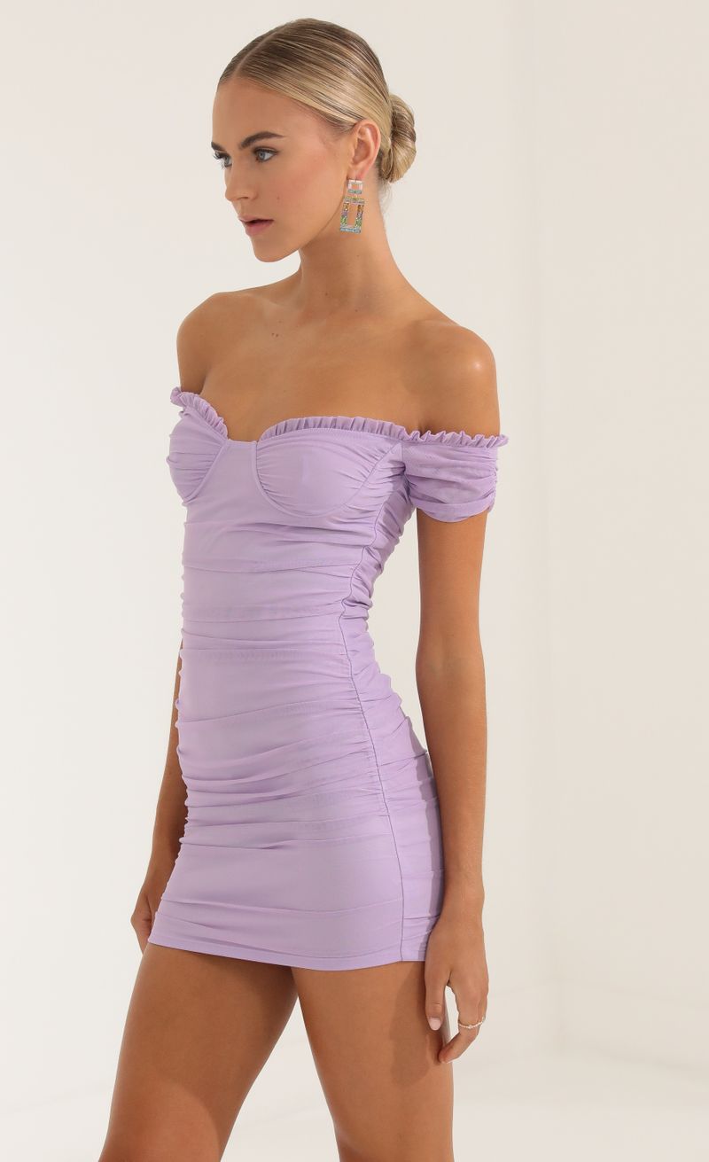 Picture Doris Mesh Off The Shoulder Dress in Purple. Source: https://media.lucyinthesky.com/data/Oct22/800xAUTO/94aa0b0b-4426-4bc1-806f-05ff676df378.jpg