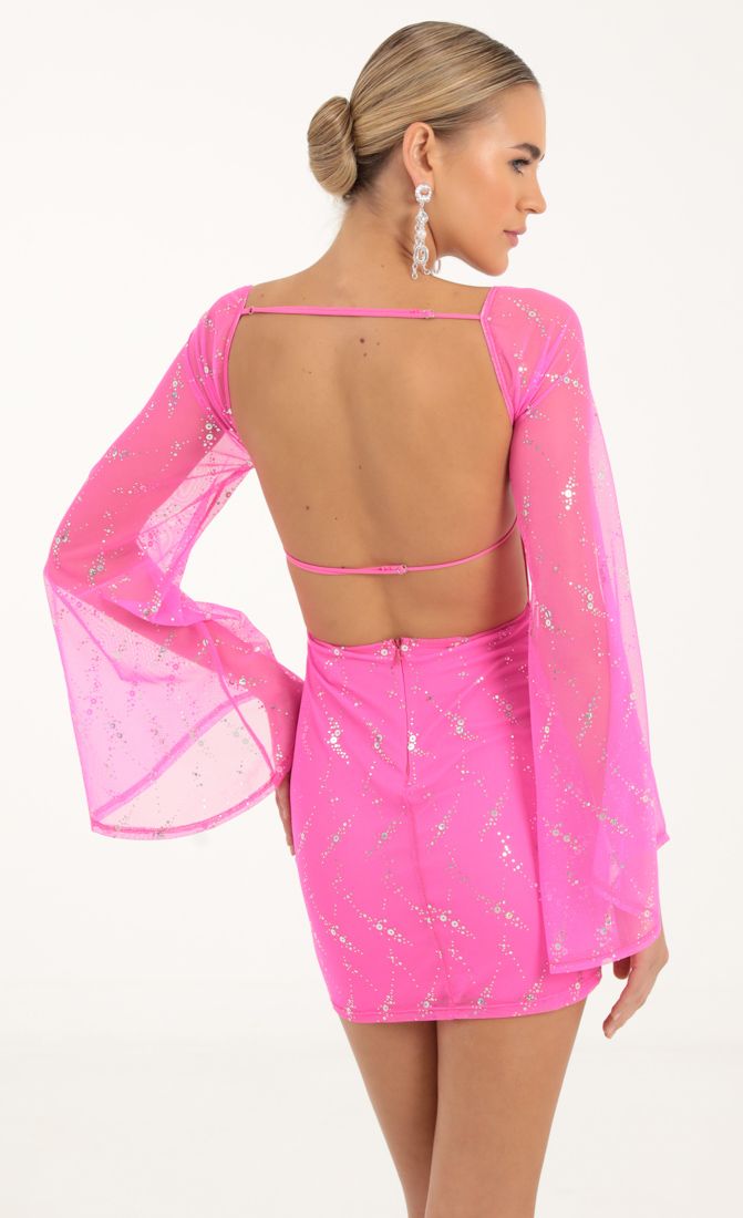 Picture Korra Mesh Sequin Flare Sleve Dress in Hot Pink. Source: https://media.lucyinthesky.com/data/Oct22/800xAUTO/9804322e-3a25-449c-871e-6860c79ea4c4.jpg