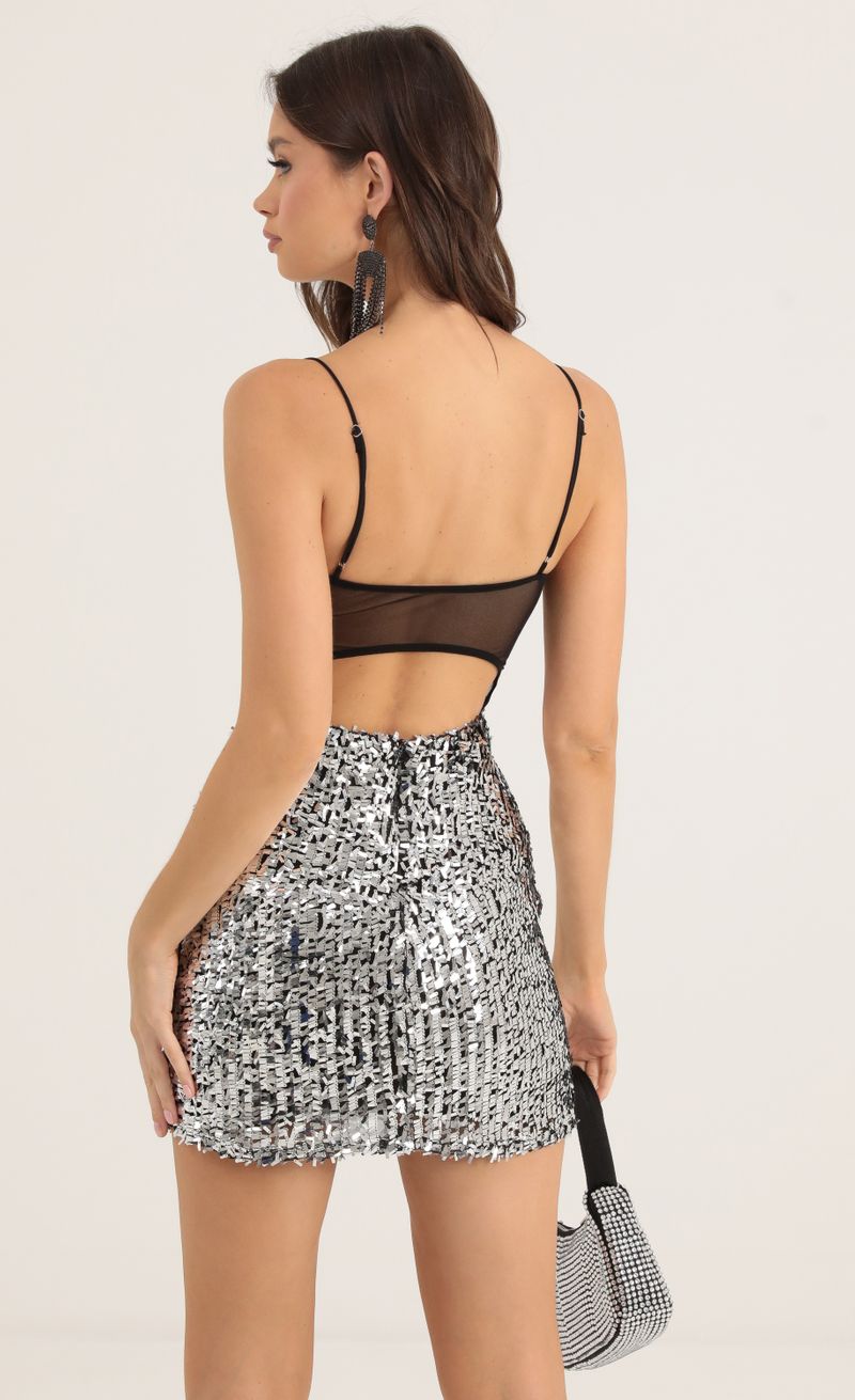 Picture Talisa Mesh Sequin Open Back Bodycon Dress in Silver. Source: https://media.lucyinthesky.com/data/Oct22/800xAUTO/9f0a20de-b3ed-430c-878d-588be98dd720.jpg