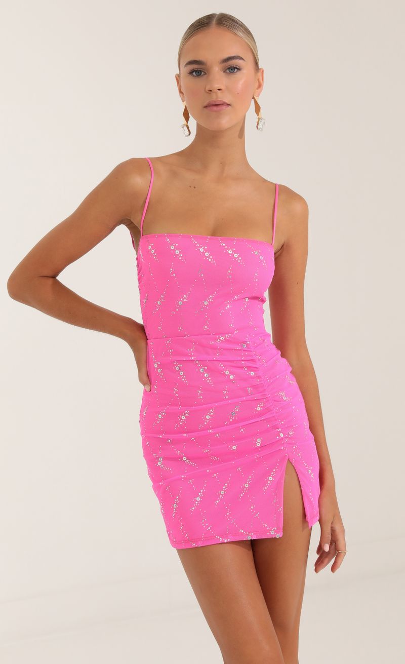 Picture Risa Sequin Mesh Bodycon Dress in Pink. Source: https://media.lucyinthesky.com/data/Oct22/800xAUTO/d0badae9-17ab-4d34-841d-5dac752795ad.jpg