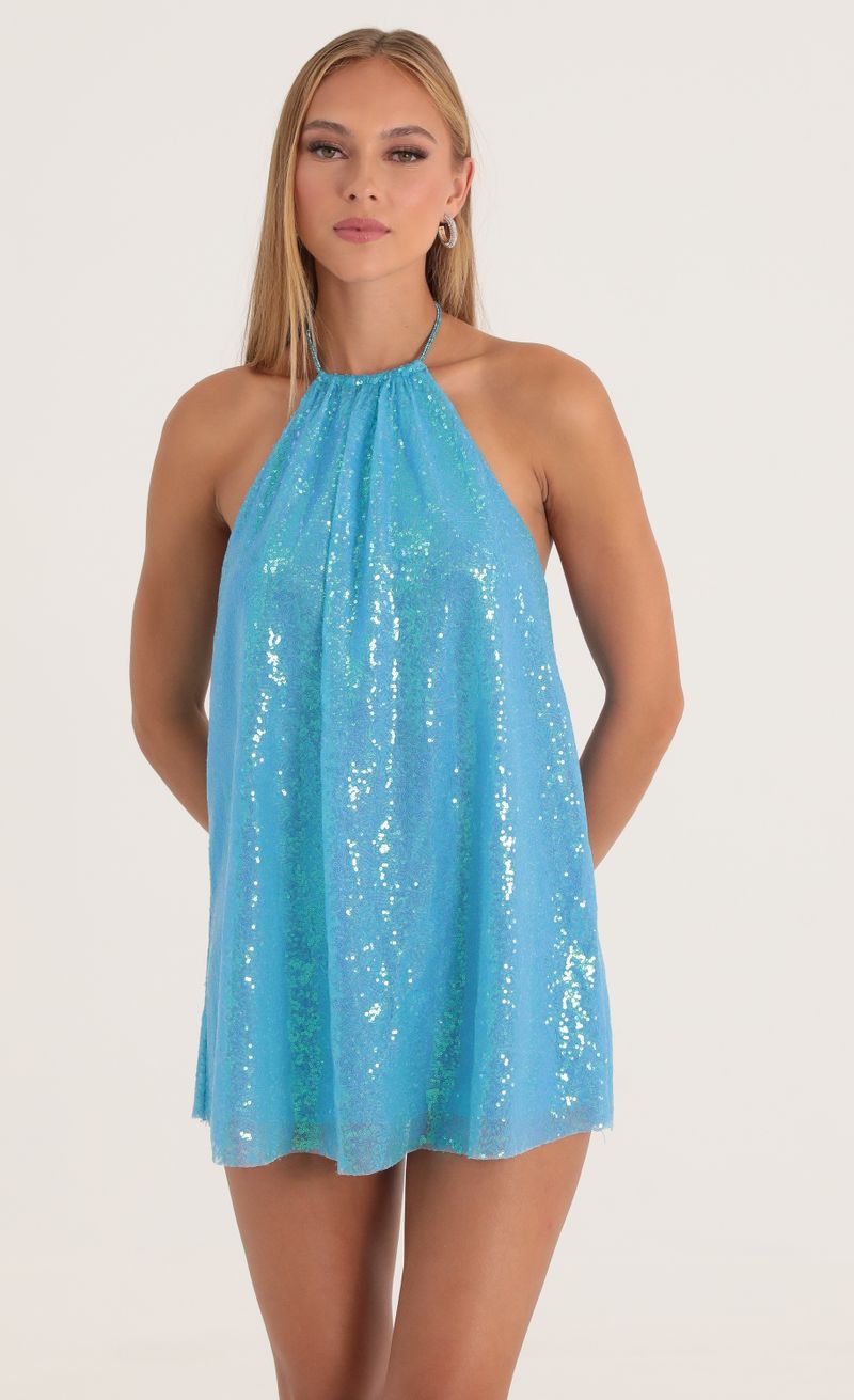 Picture Tallulah Iridescent Sequin Open Back Dress in Blue. Source: https://media.lucyinthesky.com/data/Oct22/800xAUTO/d2af611e-cd46-4dc7-a9da-5116f3cc439d.jpg