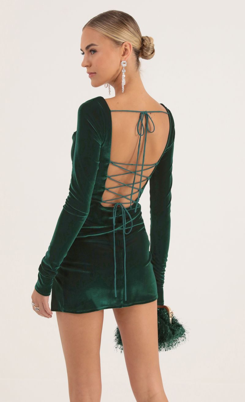 Picture Kaya Velvet Long Sleeve Corset Dress in Green. Source: https://media.lucyinthesky.com/data/Oct22/800xAUTO/d830ef79-4d24-4e18-a975-4798a87bc815.jpg
