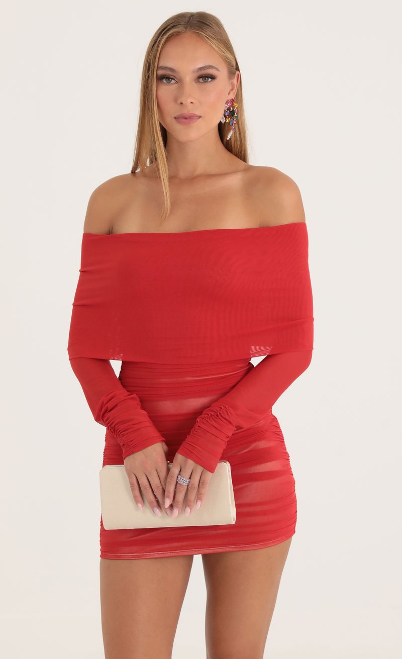 Picture Luisa Mesh Off The Shoulder Long Sleeve Dress in Red. Source: https://media.lucyinthesky.com/data/Oct22/800xAUTO/ee0941d8-5e21-4cbf-b488-366a6cac2203.jpg