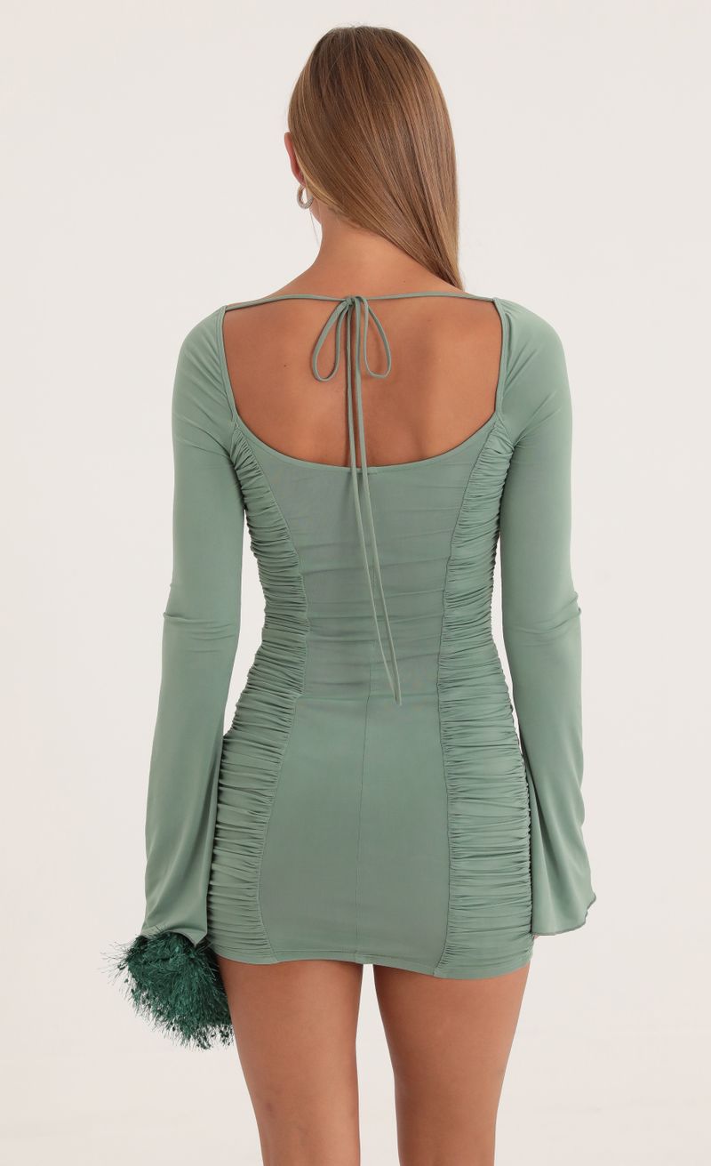 Picture Sarai Ruched Bodycon Dress in Green. Source: https://media.lucyinthesky.com/data/Oct22/800xAUTO/f19e000c-4632-420f-80f0-068c1e3bc54c.jpg