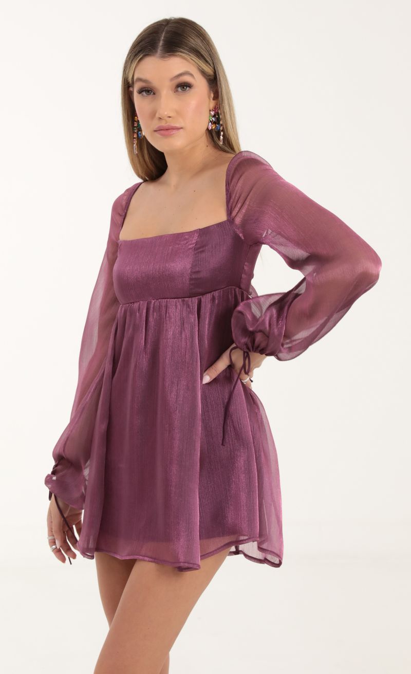 Picture Shayla Crinkle Long Sleeve Baby Doll Dress in Purple. Source: https://media.lucyinthesky.com/data/Oct22/800xAUTO/f39cef97-6ed3-41a6-87c9-6bf12d903776.jpg