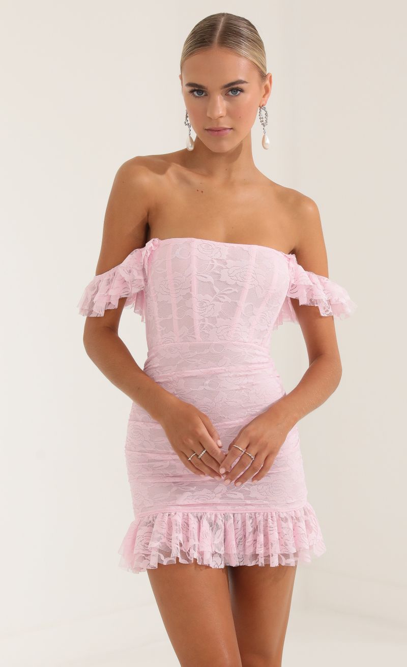 Picture Edlyn Floral Lace Corset Bodycon Dress in Pink. Source: https://media.lucyinthesky.com/data/Oct22/800xAUTO/fc84b6aa-acd6-4e60-a034-05400c60dbef.jpg