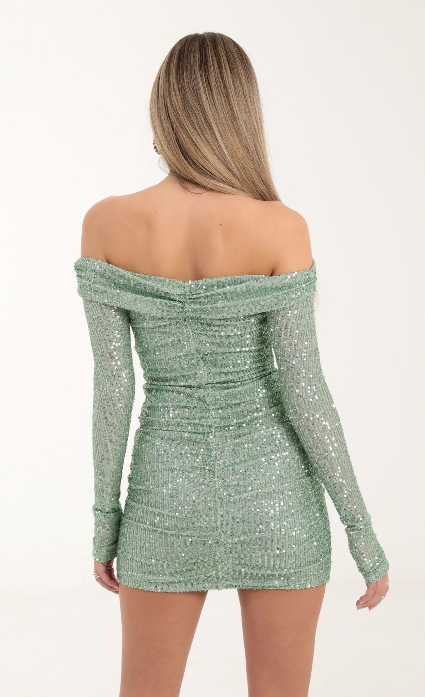 Picture Olinda Sequin Mesh Off The Shoulder Dress in Green. Source: https://media.lucyinthesky.com/data/Oct22/850xAUTO/4738e142-ed30-43e1-afb3-be03eb8f7790.jpg